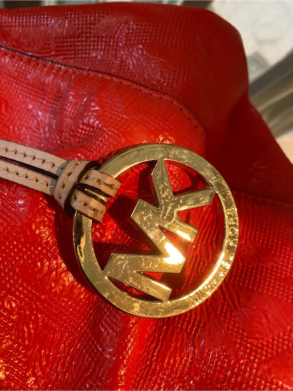 Michael Kors Reddish Orange Leather Crossbody Grayson Satchel. Tan Trim.